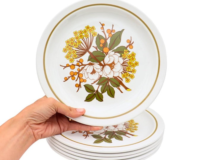 6 Mid Century Floral Dinner Plates by Midwinter Meadowsweet Pattern C 1970's 10.5'' Diameter, Autumn Dinnerware