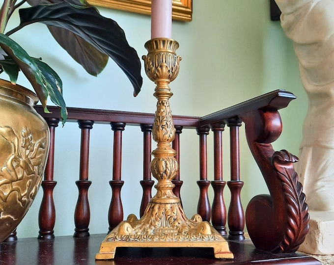 Antique French Ornate Rococo Single Candle Holder Square Base 8 Inches Tall