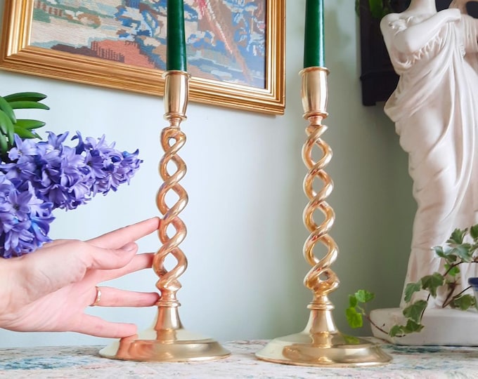 Truly Antique Victorian Open Barley Twist Brass Candle Holder Pair 1800s 12'' Tall