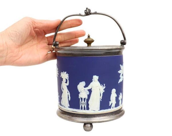 Antique Wedgwood Blue and White Jasperware Biscuit Barrel Neoclassical Made In England 19th Century