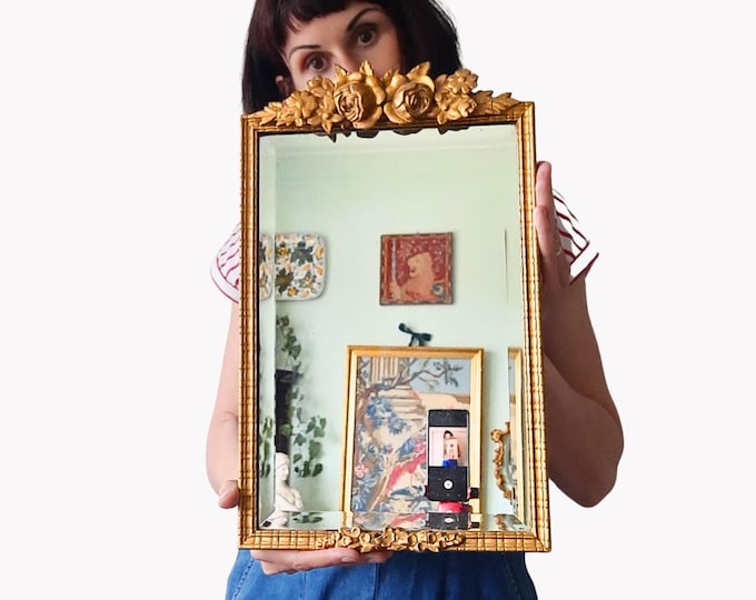 Antique 1920's Floral Decorated Barbola Wall Mirror Rectangular Shape 17.5'' Tall