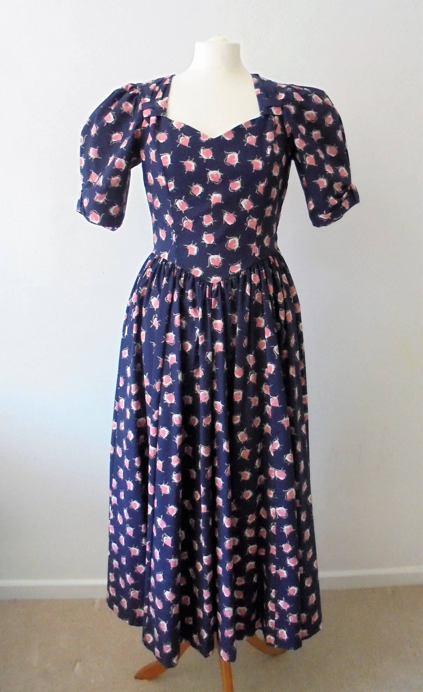 Vintage Laura Ashley Dress Dark Blue and Pink Floral Cotton Dress