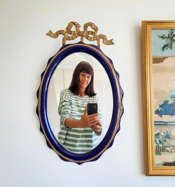 Mid Century Ceramic Deep Blue and Gold Wall Mirror Oval Shaped H 18.2''