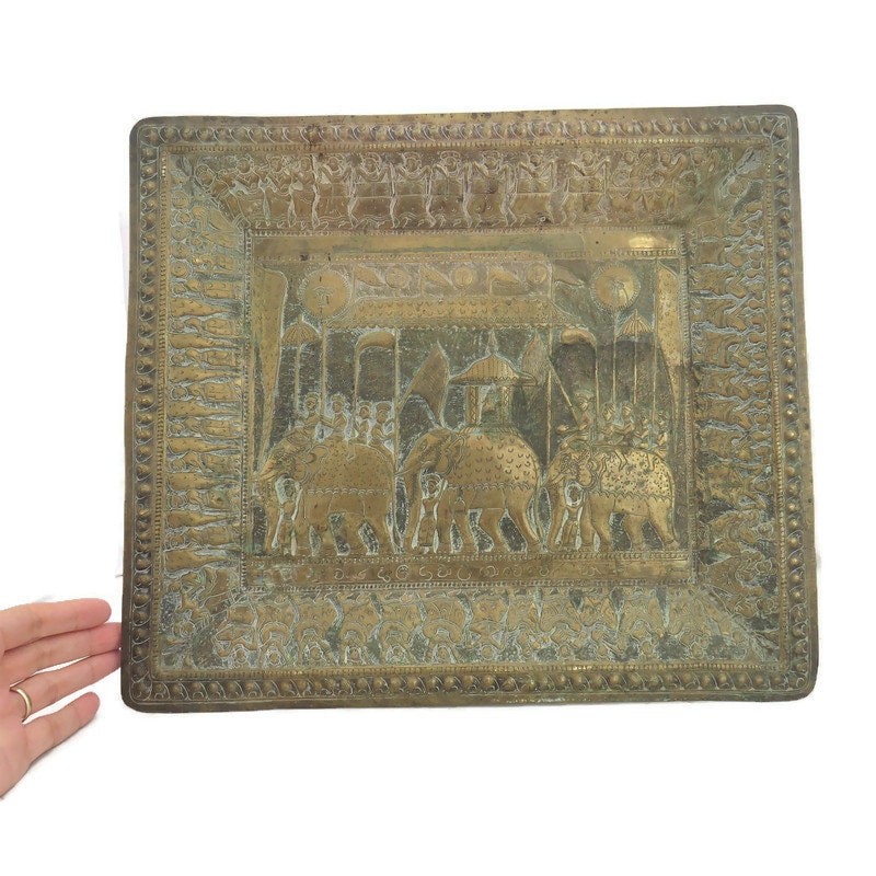 Antique Indian Embossed Brass Wall Plaque with Festival Scenes and