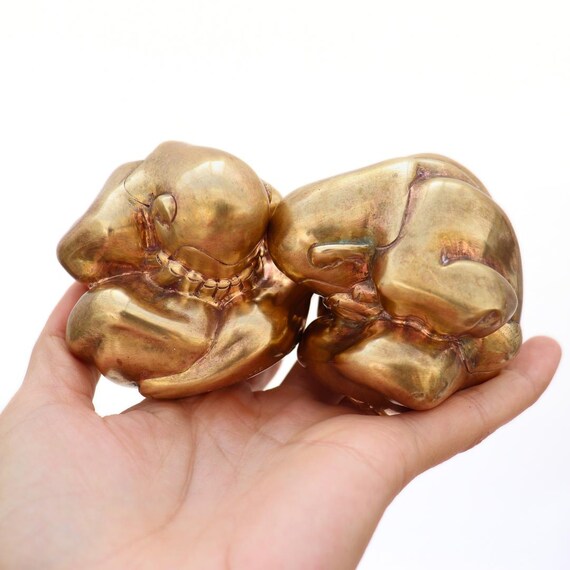Pair of Brass Weeping Buddhas Meditation Statues Signed Surawongse Made in Thailand