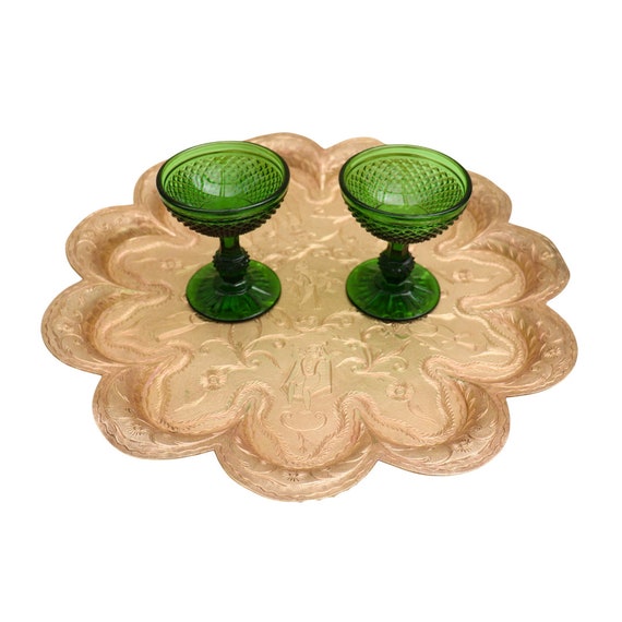Large Antique Indian Hand Engraved Brass Tray With Figural and Foliate Decoration and Scalloped Edges Diameter 16 ''