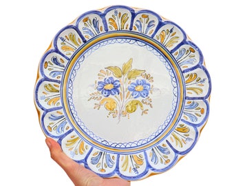Large Talavera Spanish Ceramic Blue And White Floral Wall Plate D 12.2, Mediterranean Wall Decor