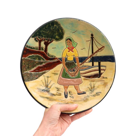 Mid Century Puigdemont Pottery Slipware Wall Plate Hand Painted Fisherwoman Sea and Boat, Rustic Mediterranean Wall Decor 11.2'' D