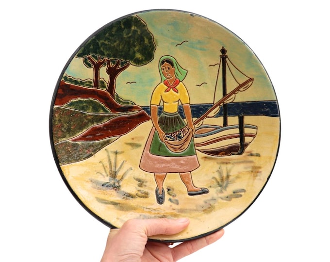 Mid Century Puigdemont Pottery Plate: Hand Painted Fisherwoman, Mediterranean Decor