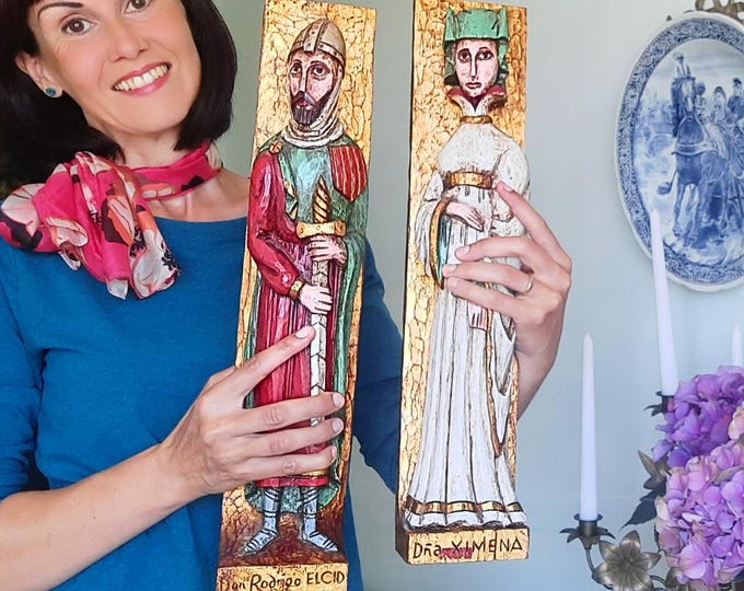 Large Polychromed Handcrafted Wooden Sculptures Wall Plaques Of EL Cid and Dna Ximena, Made In Spain