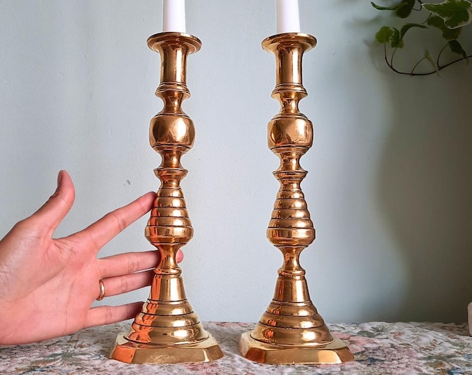 Tall Antique Pair Of King Of Diamonds Beehive Brass Candlesticks Pair H 11''