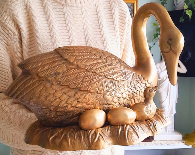 Very Large Mid Century Brass Swan Geese with Eggs: Easter Home Decor