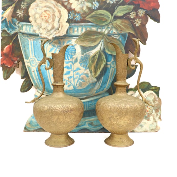 Large Antique Indian Hand Engraved Brass Jug Vases With Dragon Handles Pair .Benares Indian Brass Vases Pair