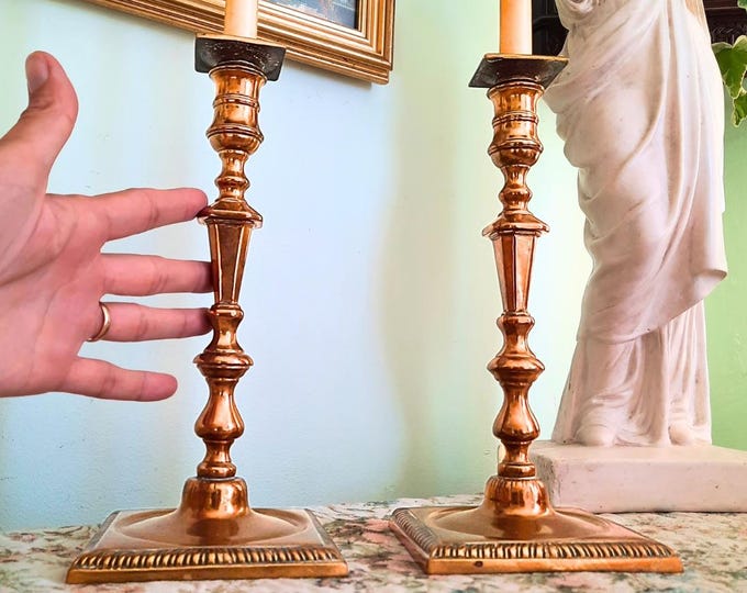 Antique Georgian Period Brass Candlesticks Holders Pair With Original Sconces And Square Bases 10.7'' Tall