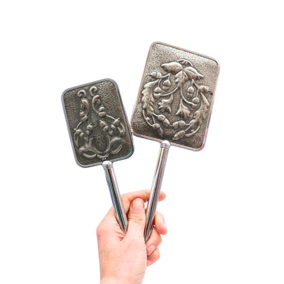 Mid Century Vanity Set Hand Mirror & Hairbrush Embossed Pewter Oak Leaves and Acorns Decoration Made In England C 1950's.
