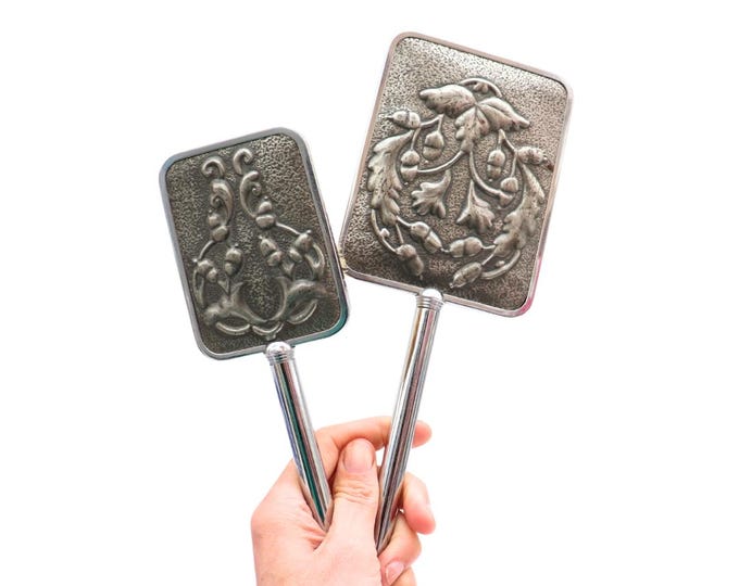Mid Century Embossed Pewter Vanity Set: Hand Mirror & Hairbrush, Made In England