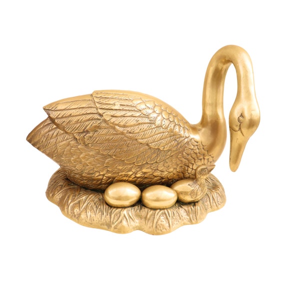 Very Large Mid Century Brass Swam WIth Eggs and Chick 15'' long Easter Home Decor