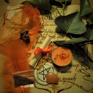 Peut inclure: Un kit de sortilège de sorcière avec une plume orange, un petit sac d'herbes, un parchemin roulé attaché avec un ruban rouge, un charme pentagramme, un cristal rose, une petite bougie orange et un morceau de parchemin avec les mots "Secret Thoughts" et "creep voices in speech" écrits dessus.