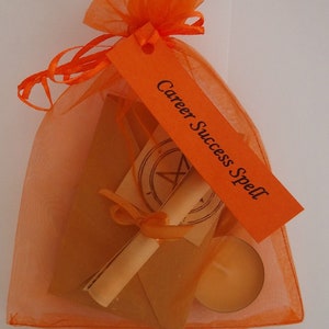 May include: An orange organza bag filled with a candle, a scroll, and a card that reads "Career Success Spell".
