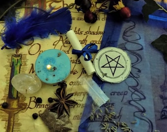 May include: A blue teal candle, a white scroll with a blue ribbon, a white circle with a black pentagram, a clear quartz crystal, a brown star anise, a small bag of brown herbs, and a blue feather on a parchment background with black ink writing that says "CARS Chaos" and "creep".
