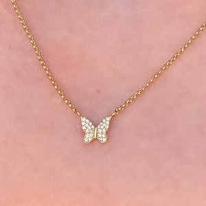 Gouden vlinderketting 14K, diamanten vlinderketting, kleine vlinderketting, minimalistische gouden vlinderhanger, echt goud, cadeau voor haar