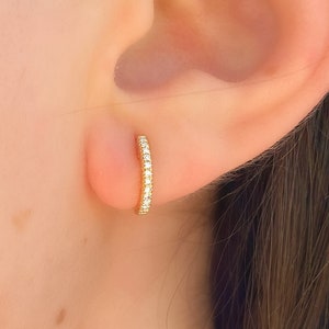 14K Gold Diamond Huggies, Yellow Gold Diamond Huggies, 10mm Diamond Earrings, Dainty Huggie Hoops, Tiny Hoop Earrings, Small Diamond Hoops