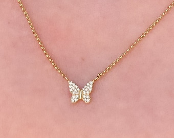 Gold Butterfly Necklace 14K, Diamond Butterfly Necklace, Tiny Butterfly Necklace, Minimalist Gold Butterfly Pendant, Real Gold, Gift for Her
