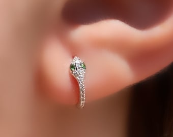14K Gold Diamond Snake Huggie Earrings, Emerald Eyes