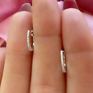 White Gold Diamond Huggie Earring, Diamond Earring, Small Diamond Hoop, 12mm Huggie Earrings, Solid Gold 14K Huggy, Real Gold Huggies