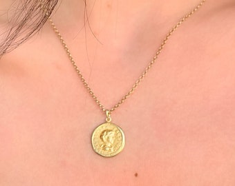 Gold Coin Necklace, Gold Pendant Necklace, Greek Jewelry, Gold Medallion, Layering Necklace, Vintage Necklace, Bohemian Gold Necklace
