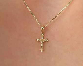 14K Gold Small Handmade Cross Pendant, Solid Yellow Gold Orthodox Cross Necklace, Jesus Crucifix Cross, Religious Pendant Necklace Charm