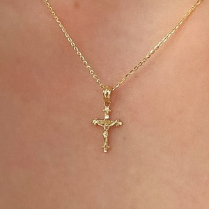 14K Gold Small Handmade Cross Pendant, Solid Yellow Gold Orthodox Cross Necklace, Jesus Crucifix Cross, Religious Pendant Necklace Charm