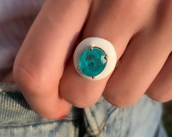 Paraiba Quartz Ring, Enamel Ring, Paraiba Tourmaline Ring, White Enamel Jewelry, Blue Stone Ring, Paraiba Ring, Solitaire Statement Ring