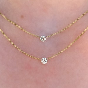 Diamond Solitaire Necklace in 14k Solid Gold, Floating Diamond Solitaire Necklace, 0.22 Ct Diamond Necklace, Layering Dainty Necklace