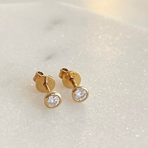 Diamond Stud Earrings 14K Gold, Genuine Diamond Bezel Studs, Round Diamond Stud Earrings, 0.20 CT Solid Gold Bezel Earrings, Gift for Her