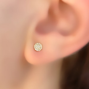 14K Yellow Gold Diamond Stud Earrings, Gold Diamond Disc Studs, Diamond Circle Stud Earrings, Pave Diamond Disk Studs, ChristmasGift for Her