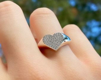 Sterling Silber Herz Ring, CZ Pavé, verstellbares Band
