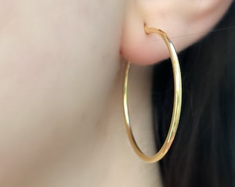 May include: Gold hoop earrings worn in a person's earlobe.