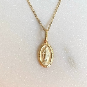 Collier médaille miraculeuse en or 14 carats, pendentif à breloques Vierge Marie en or jaune massif, collier ovale Vierge Marie, collier religieux en or