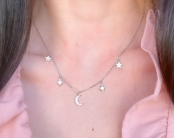 Gold Moon and Star Necklace, Celestial Necklace, Silver Moon Necklace, Star & Moon Dangle Choker Necklaces, Dainty Gold Layering Necklace