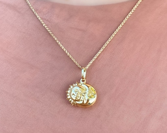 14K Yellow Gold Sun and Moon Necklace, Celestial Jewelry