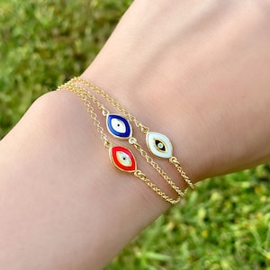 Gold Evil Eye Bracelet, Dainty Eye Bracelet, 14K Gold Plated Enamel Bracelets, Good Luck Bracelet, White Blue Red Enamel Bracelet, Thin Gold