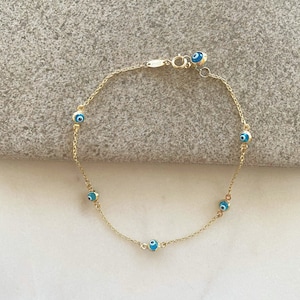 14k Gold Tiny Evil Eye Bracelet, Mini Evil Eye Bracelet, Dainty Evil Eye, Gold Evil Eye Bracelet 14k, Good Luck Jewelry, Gift for Her
