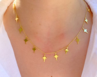 Celestial Star Necklace, Gold Star Choker, Dainty Silver Celestial Jewelry, Starburst Necklace, North Star Necklace, Minimalist Necklace