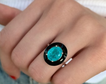 Paraiba Tourmaline Ring, Paraiba Solitaire Ring, Black Enamel Ring, Enamel Jewelry, Blue Gemstone Ring, Quartz Ring, Gift for Her