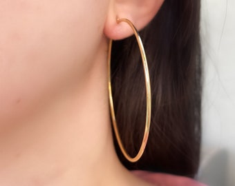14K Gold Hoop Earrings, Thin Wire, Hinged PostBack