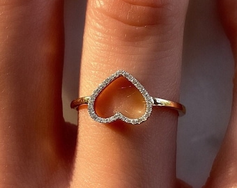 14K Yellow Gold Diamond Heart Ring, Open Heart Design
