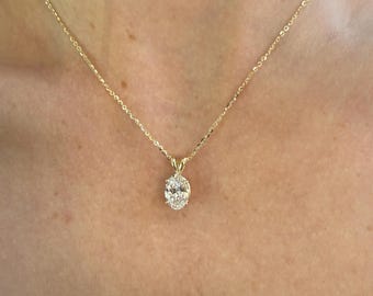 Oval Diamond Necklace, Lab Diamond Pendant in 14K Gold, Solid Gold Diamond Necklace, Diamond Solitaire Necklace, Birthday Gift