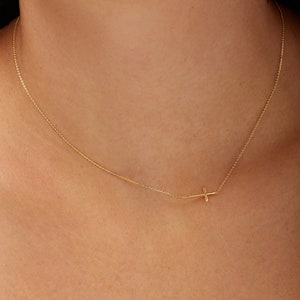 14K Gold Cross Necklace, Sideways Cross Necklace, Solid Gold Dainty Cross Necklace, Tiny Cross Necklace Women, Religious Jewelry Gift