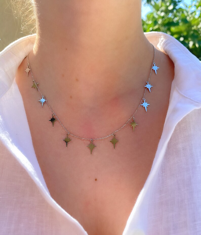 Silver Star Charm Necklace, Multiple Star Necklace, Star Choker, Gold Starburst Necklace, Dainty Star Choker, Gift for Daughter,BirthdayGift image 3